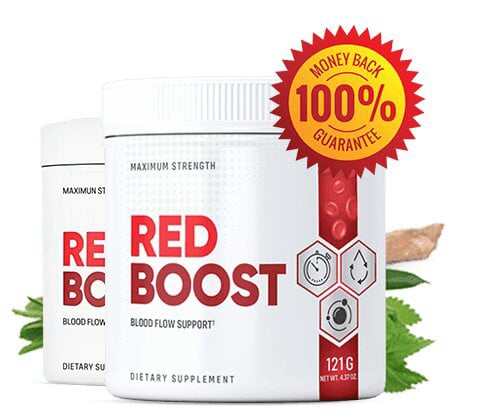 Red Boost bottles with money-back guarantee seal